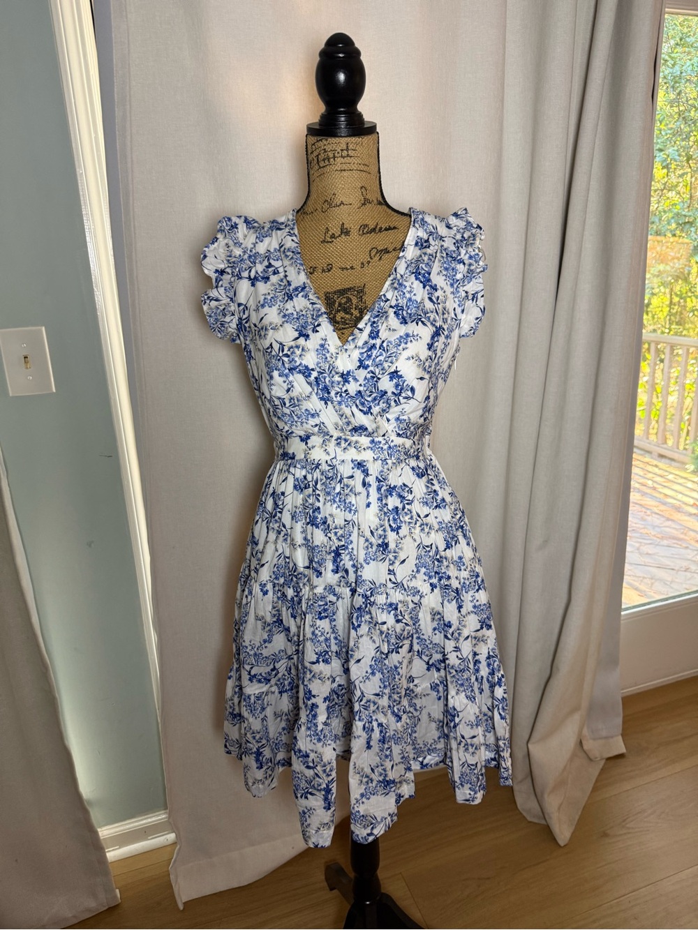 Taylor Blue and White Floral Wrap Mini Dress